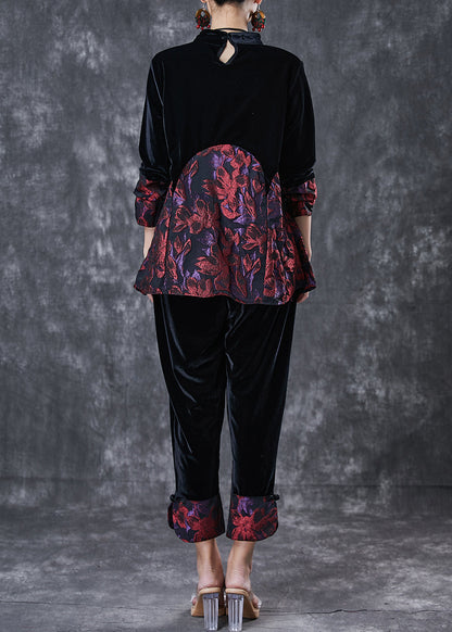 Black Oversized Patchwork Jacquard Silk Velvet Two Pieces Set Spring