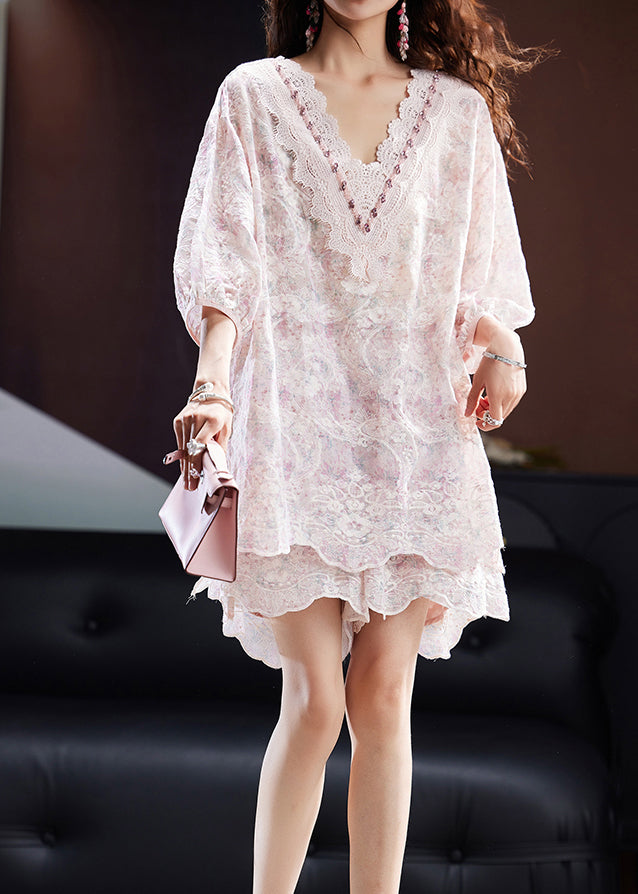 Pink V Neck Embroidered Chiffon Two Pieces Set Summer