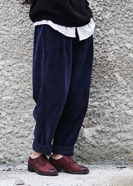 Navy Blue Elastic Waist Corduroy Harem Pants Spring