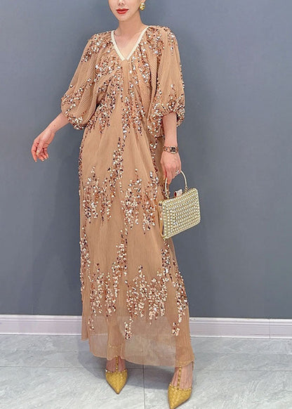 Khaki Sequins Wrinkled Tulle Party Long Dress Puff Sleeve