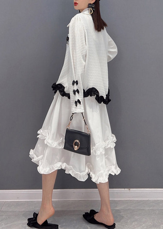 White Embroideried Ruffled Tulle Patchwork Chiffon Dress Two Pieces Set Spring