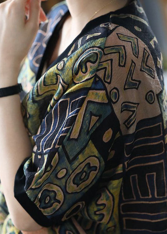 Green V Neck Geometric Print Linen Tanks Short Sleeve