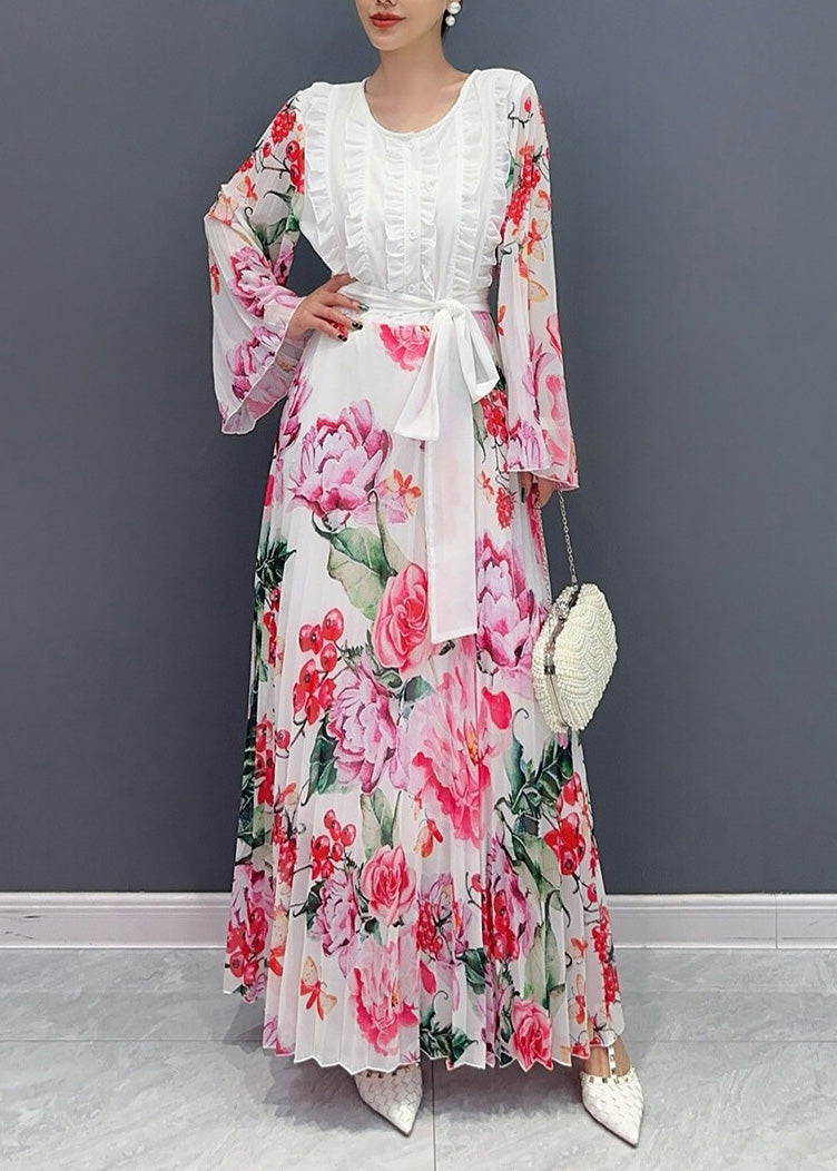 White O-neck Ruffled Patchwork Tie Waist Chiffon Long Dress Long Sleeve