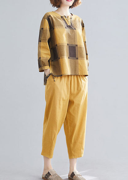 Art Yellow O-neck Plaid Cotton Two Pieces Set Spring