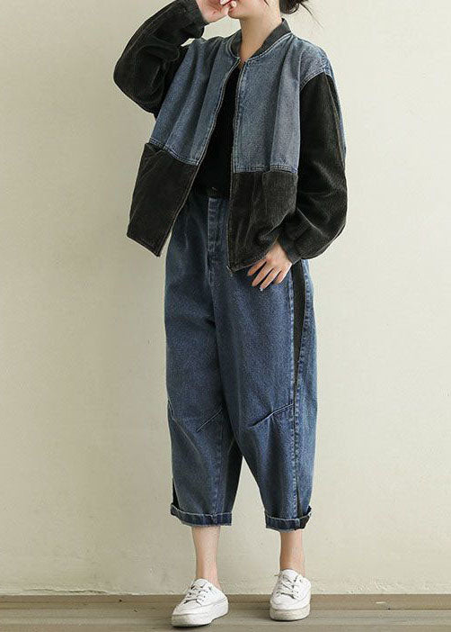 Black Pockets Corduroy Patchwork Denim Jackets Spring