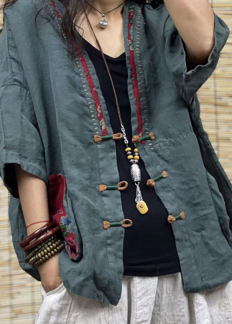 Green V Neck Pockets Chinese Button Patchwork Linen Coats Summer