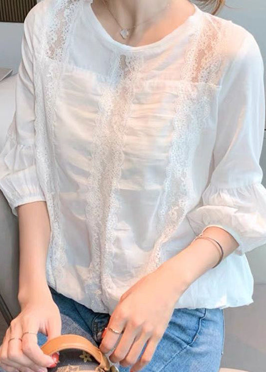 White Hollow Out Patchwork Cotton Shirt Lantern Sleeve