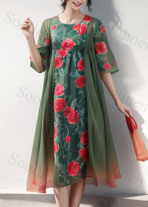 Style Green O-neck Print Patchwork Silk Dress Half Sleeve