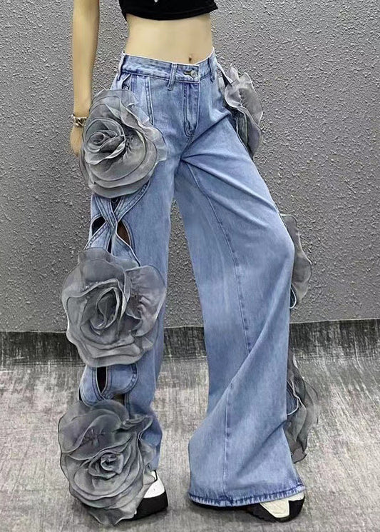 Original Design Blue Hollow Out Denim Wide Leg Pants Fall