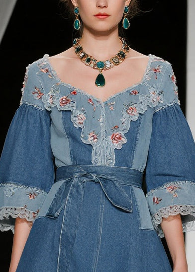 Blue Tie Waist Patchwork Lace Denim Day Dress Summer
