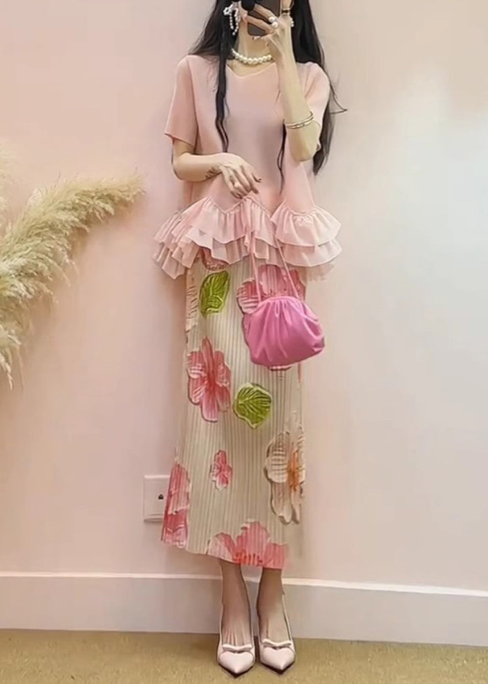 Pink Ruffled Patchwork Jacquard Silk Two Pieces Set Summer