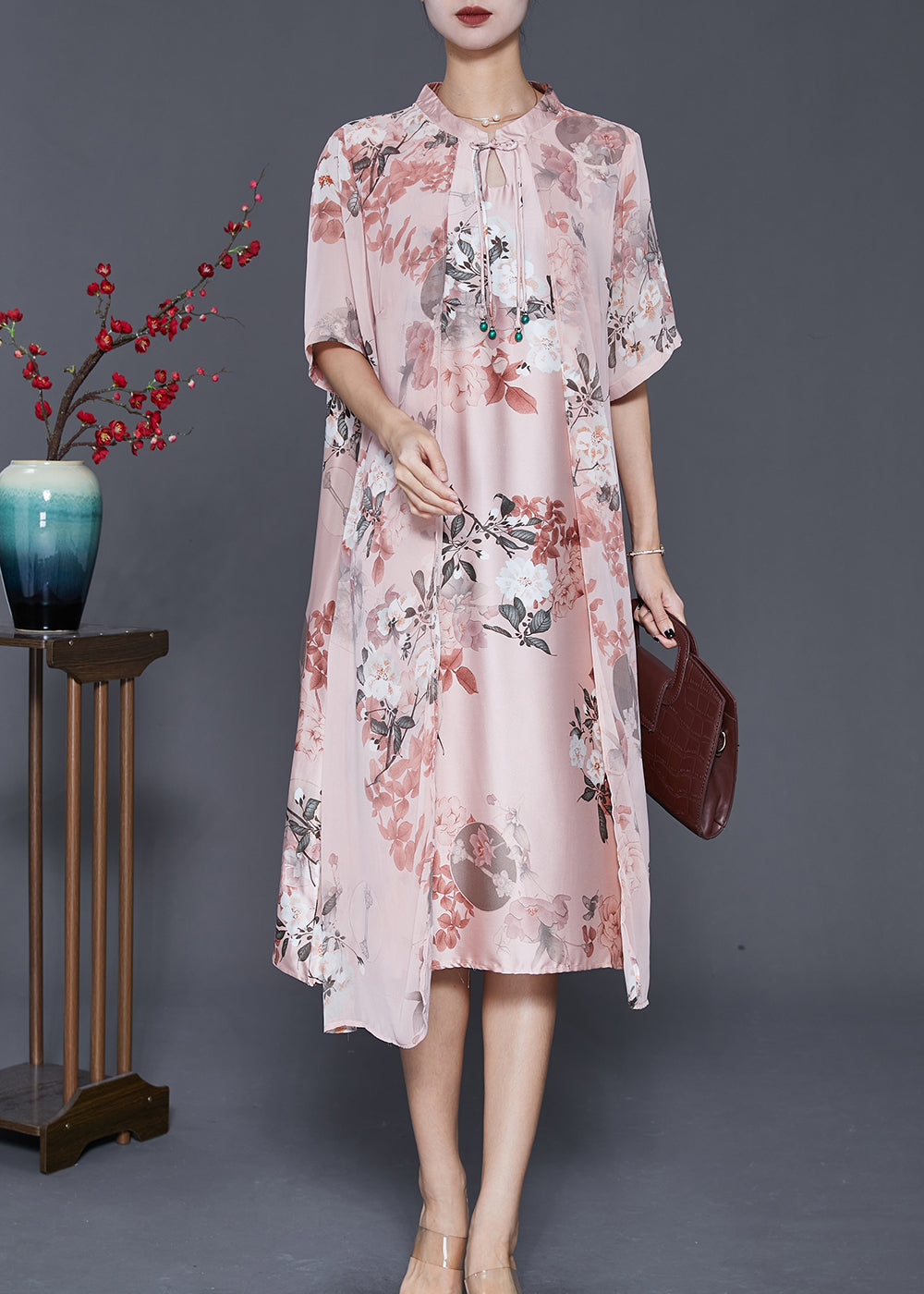 Pink Tasseled Print Silk Maxi Dress Summer