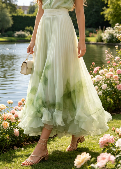 French Green Tie Dye Wrinkled Chiffon Skirt Summer