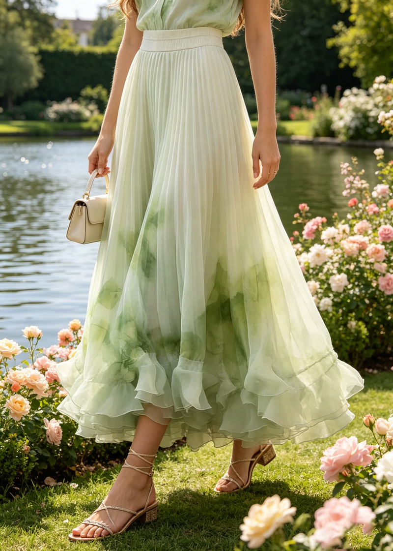 French Green Tie Dye Wrinkled Chiffon Skirt Summer