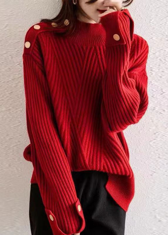 Red Stand Collar Thick Patchwork Knit Pullover Fall