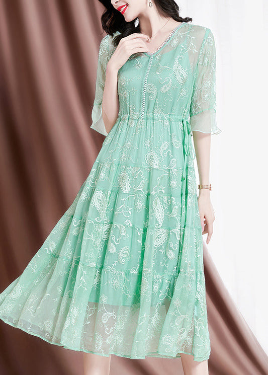 Green V Neck Embroideried Drawstring Silk Vacation Dresses Flare Sleeve