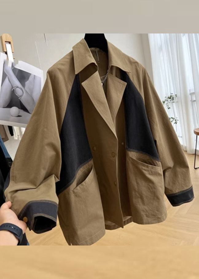 Khaki Notched Pockets Patchwork Button Coat Long Sleeve Spring