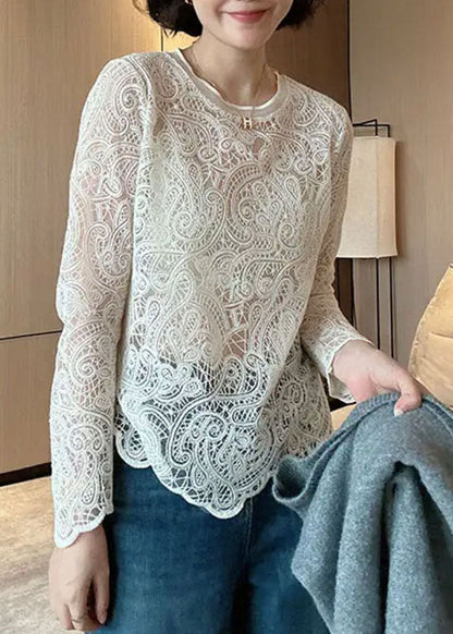 Italian Beige O-neck Hollow Out Lace Top Spring