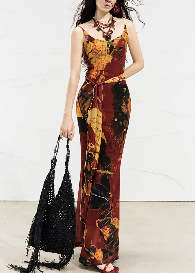 Red O-neck Long Spaghetti Strap Dress Sleeveless
