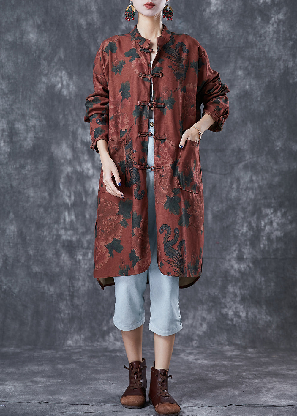 Dull Red Print Linen Chinese Style Shirt Dress Fall
