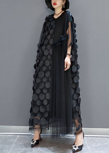 Black Tulle Party Dresses O-neck Asymmetrical Half Sleeve