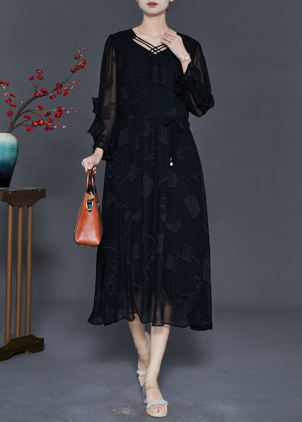 Modern Black Jacquard Tasseled Silk Maxi Dresses Spring