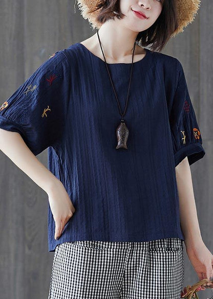 Navy Embroideried Cotton Linen T Shirts Summer