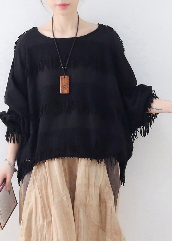 Black Original Design O-neck Cotton Tops Lantern Sleeve