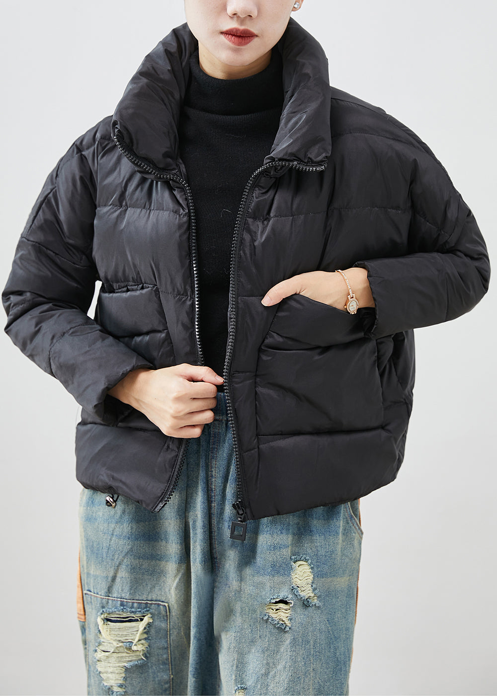 Black Oversized Pockets Duck Down Jackets Winter
