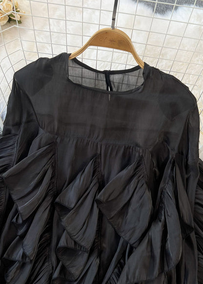 Black O-neck Ruffled Patchwork Button Silk Top Long Sleeve Spring