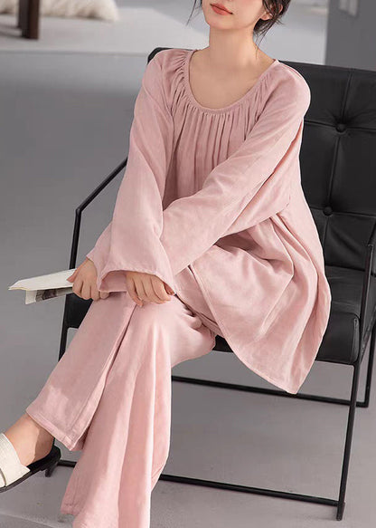 Loose Pink Wrinkled Cotton Pajamas Two-piece Set Fall