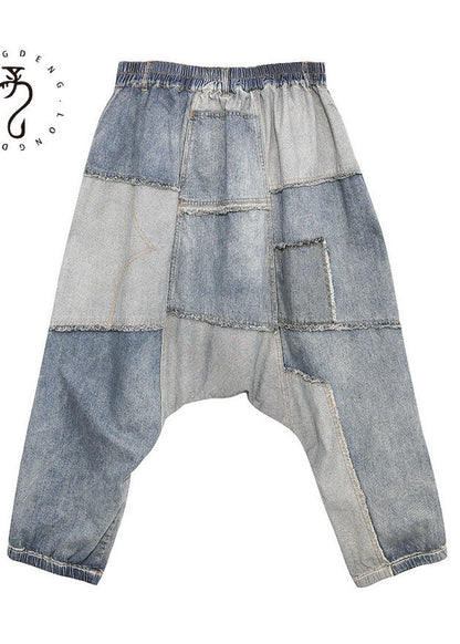 Blue Denim Patchwork Pants Spring