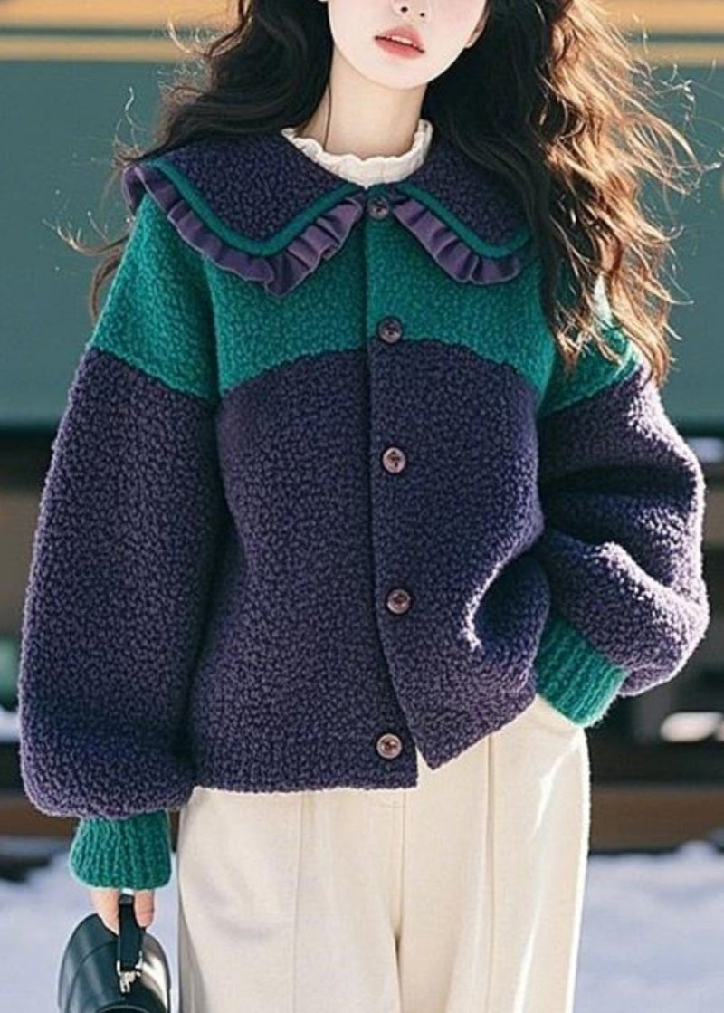 Navy Peter Pan Collar Ruffled Button Faux Fur Coat Spring