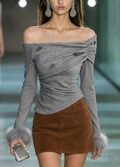Grey Slash Neck Fur Patchwork Sequins Cotton T Shirts Spring