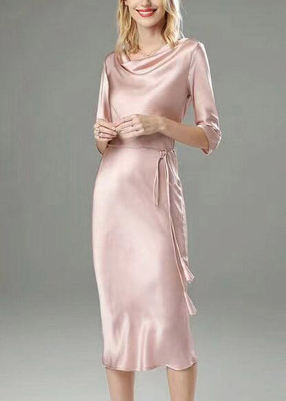 Classy Black Tie Waist Silk Long Dress Half Sleeve