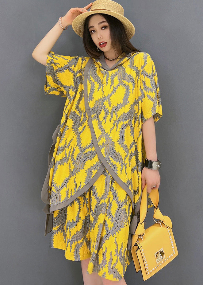 Yellow Hooded Patchwork Print Tops and Shorts Two Pieces Set Summer