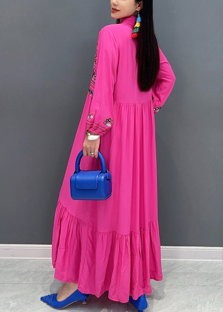 Rose Embroidered Patchwork Cotton Long Dresses Fall