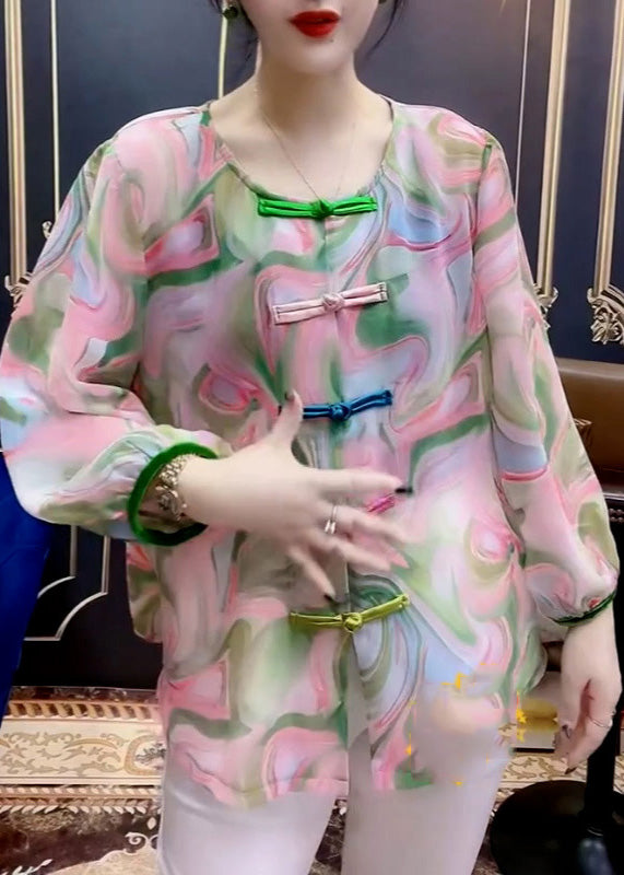 O-neck Print Button Chiffon Shirt Long Sleeve