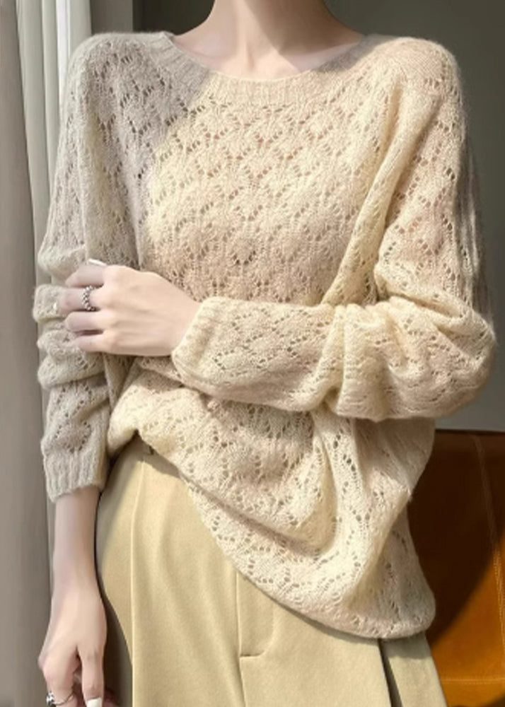 Apricot O Neck Hollow Out Patchwork Knit Top Fall