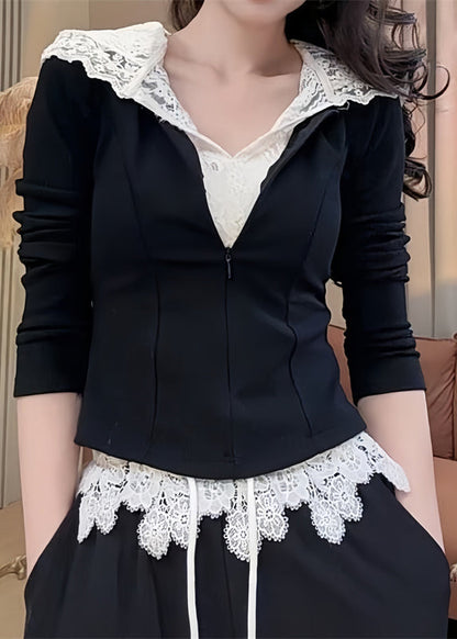 Black Lace Patchwork Hooded Sweatshirt and Straight Pants Two Pieces Set Long Sleeve