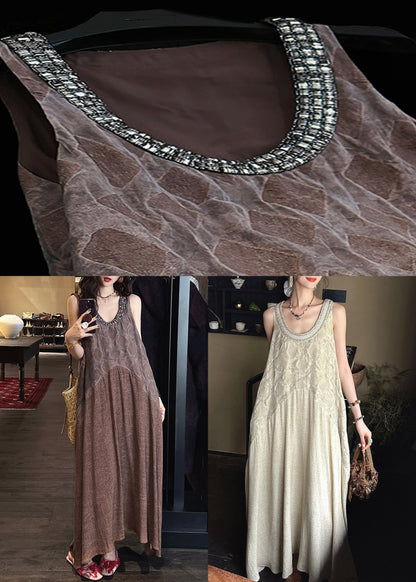 French Apricot O Neck Pockets Patchwork Cotton Long Dress Sleeveless