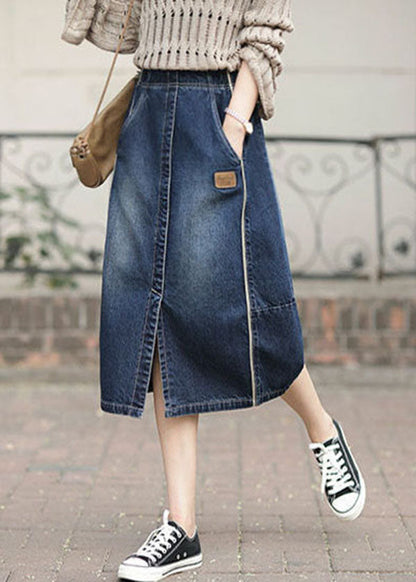 Denim Blue High Waist Pockets Patchwork Side Open Cotton Skirts Summer