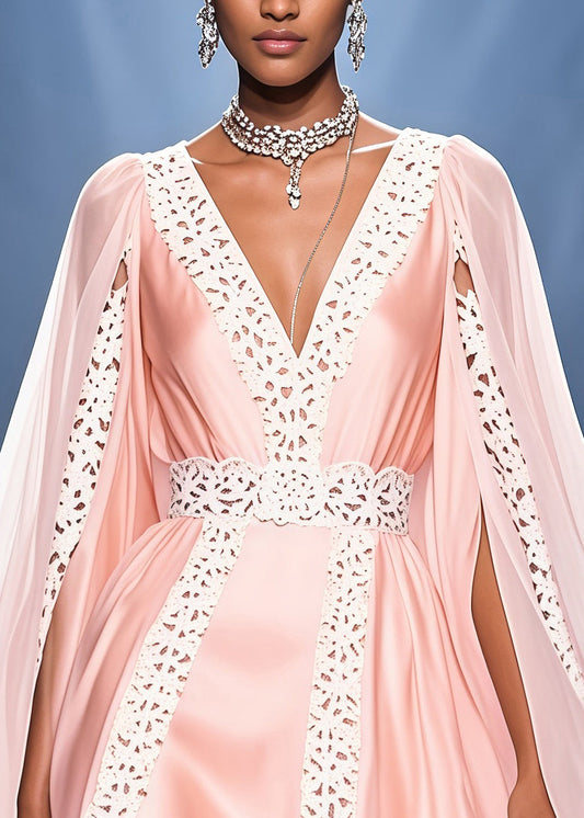 Pink V Neck Lace Patchwork Cloak Silk Party Dress Summer