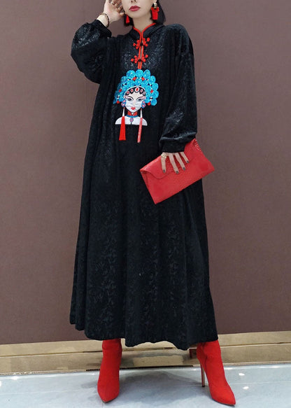 Black Oriental Velour Long Dresses Spring