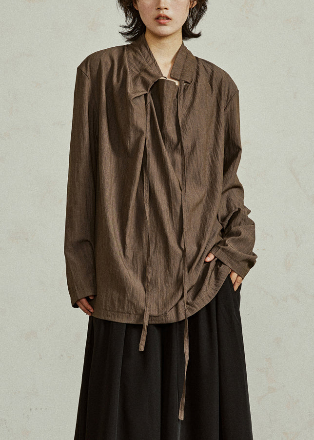 Coffee Stand Collar Lace Up Cotton Blouse Fall