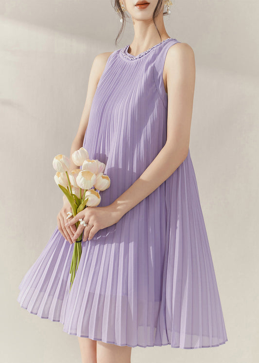 Purple O-neck Wrinkled Chiffon Mid Dress Summer