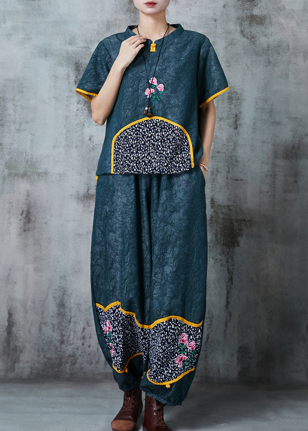 Green Embroidered Patchwork Oriental Two-piece Set Summer