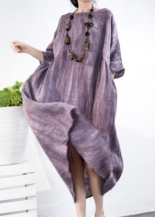 Purple O Neck Pockets Cotton Long Dress Half Sleeve