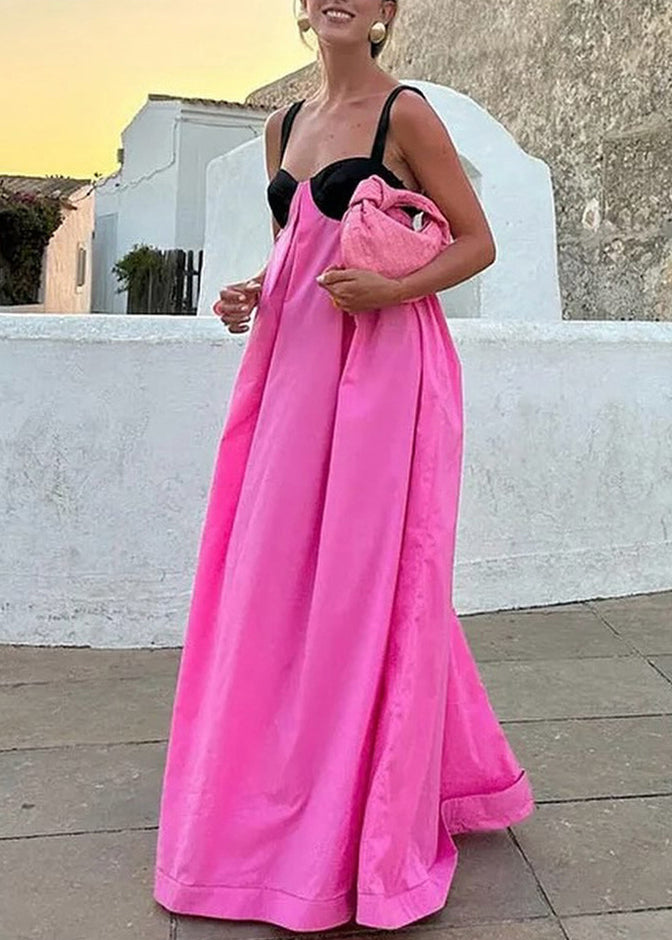 New Pink Patchwork Backless Sleeveless Suspender Dress