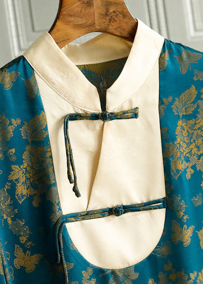 Fine Green Stand Collar Button Print Patchwork Silk Tops Spring